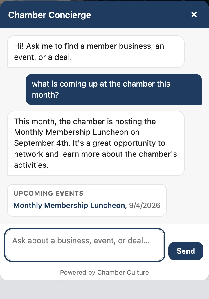 The AI concierge answering what is coming up at the chamber this month, listing upcoming chamber events with dates and links.