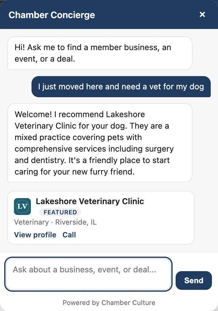 The Chamber Culture AI Directory Concierge answering a visitor who asks for a vet, recommending Lakeshore Veterinary Clinic with a tappable member card showing category, town, View profile and Call.