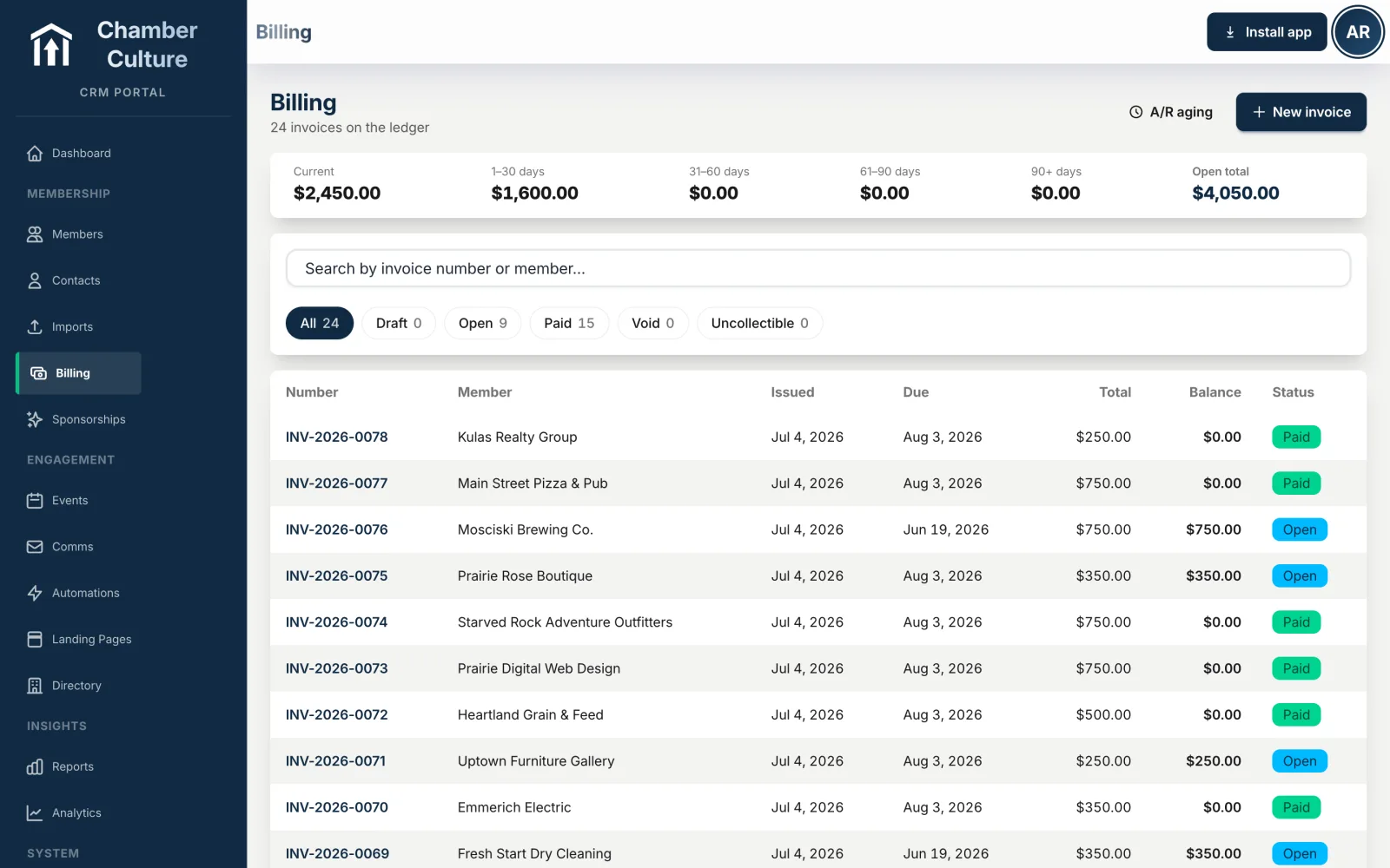 Dues, invoicing and A/R aging