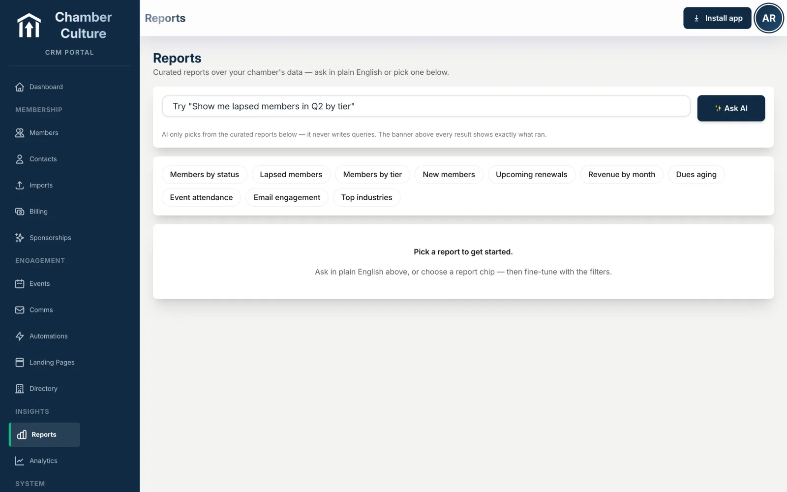 Plain-English AI reporting in an AI chamber management system — ask a question in words, get the report