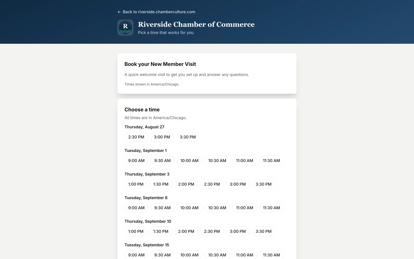 The chamber's public booking page, a visitor choosing an open slot for a New Member Visit