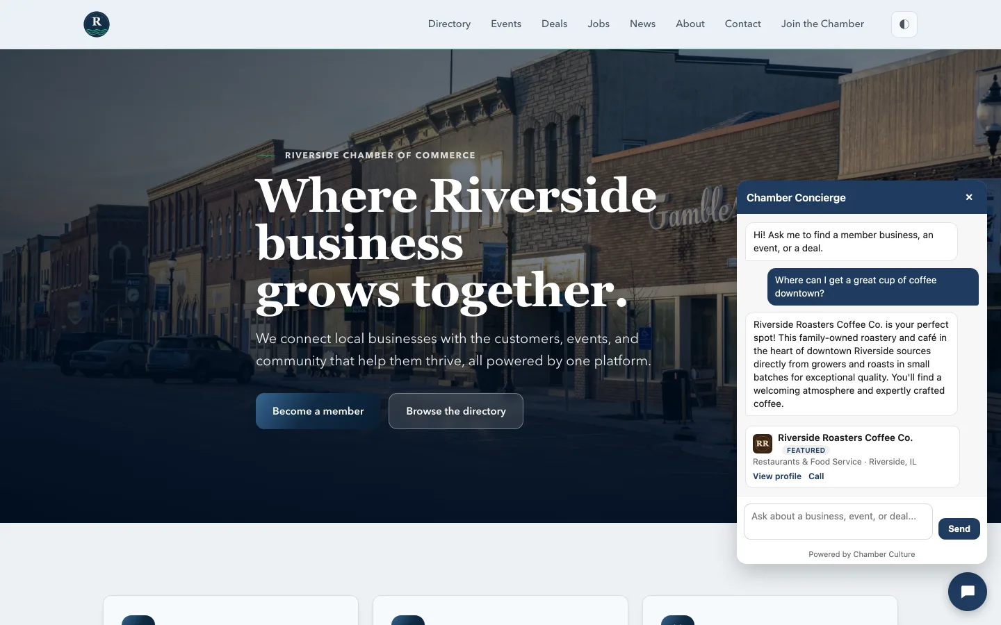 The AI Directory Concierge open on a chamber website, answering a visitor's coffee question over the live member directory and surfacing a featured member business card with view-profile and call actions