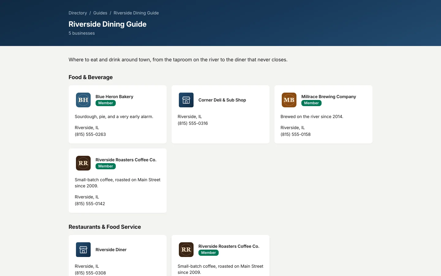 A public dining guide curated from the directory, listing member restaurants with photos and hours