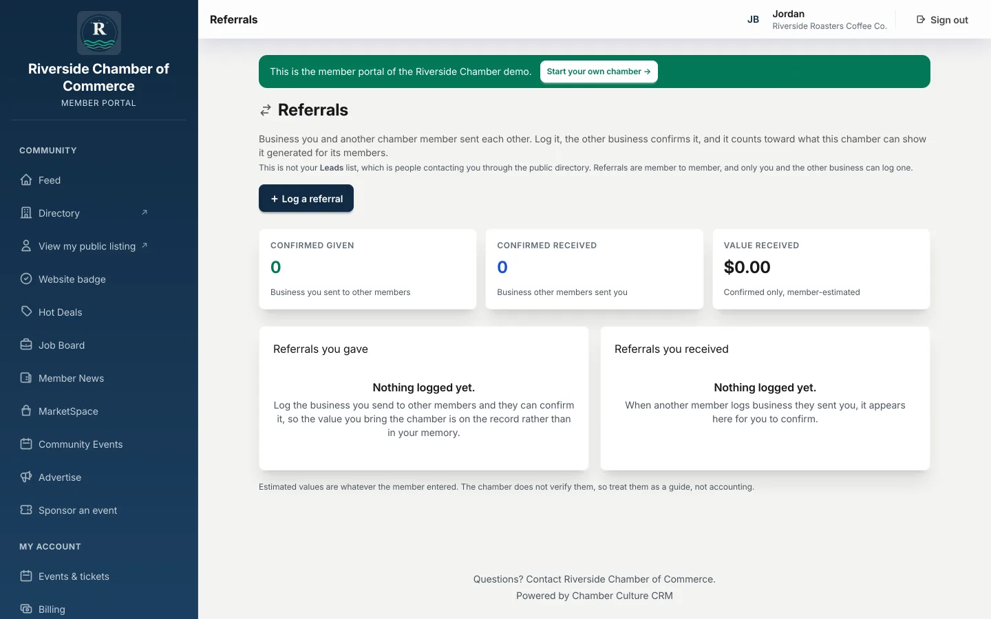 The member portal referrals page where a member logs business sent to another member and sees referrals waiting on their confirmation