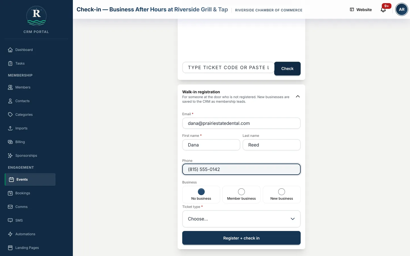 The walk-in registration panel on the event check-in page, adding a guest who arrived without a ticket and linking them to a member business
