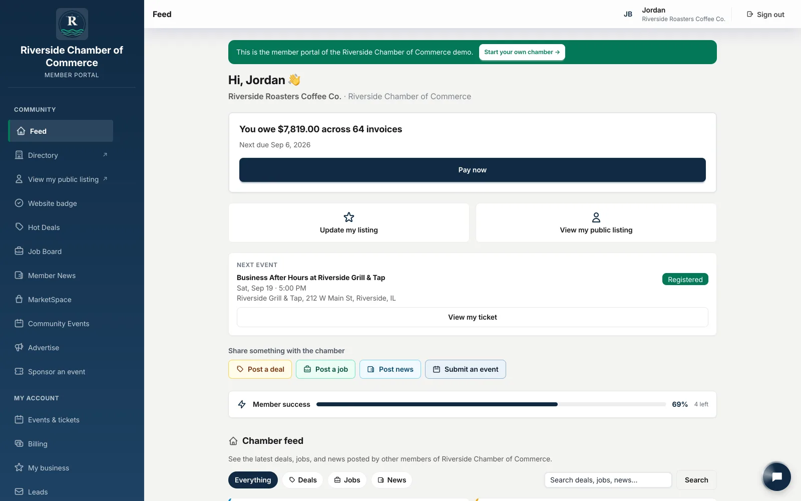 The member portal, showing a member's outstanding invoices, next event and public listing