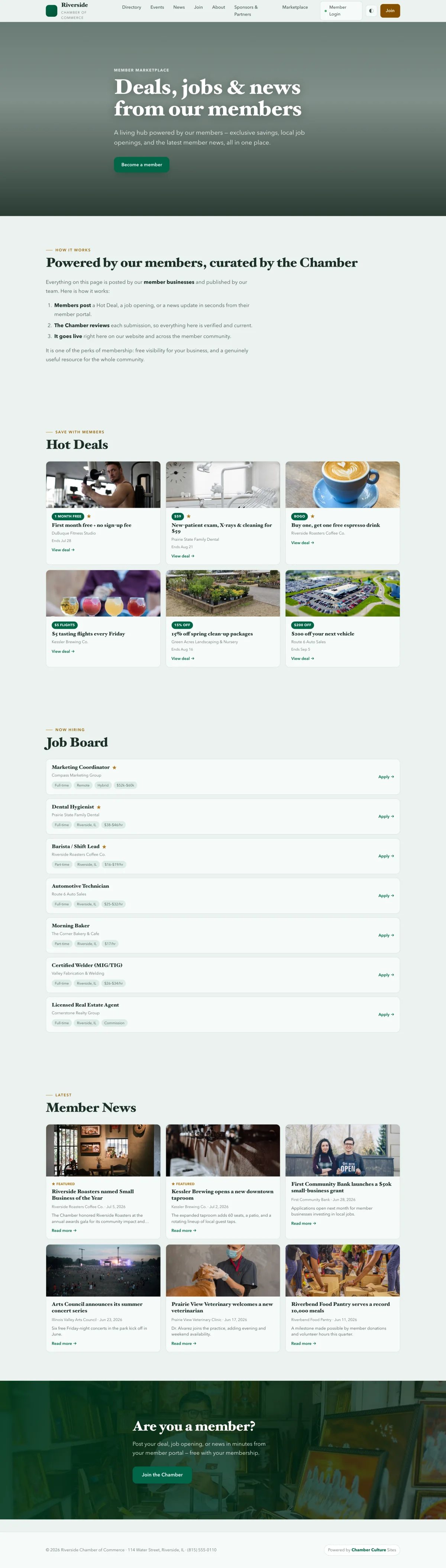 A full Member Marketplace page scrolling from its hero through Hot Deals, the Job Board, and Member News — all live member content.