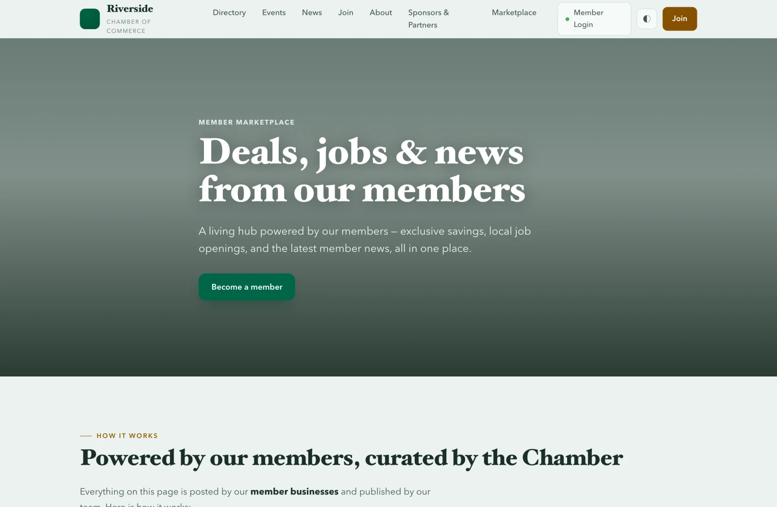 A live Member Marketplace on the Riverside Chamber of Commerce website — 'Deals, jobs & news from our members'.